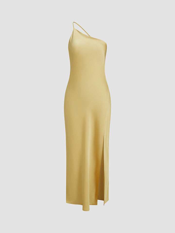 Abito midi da donna a taglio asimmetrico, schiena scoperta, spallina sottile, spacco