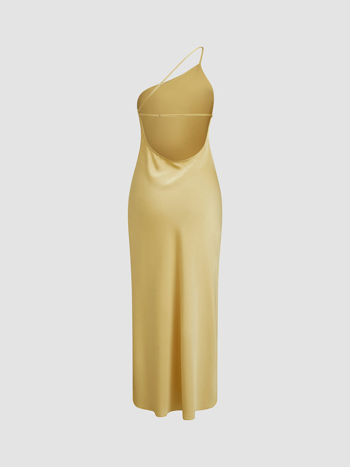 Abito midi da donna a taglio asimmetrico, schiena scoperta, spallina sottile, spacco