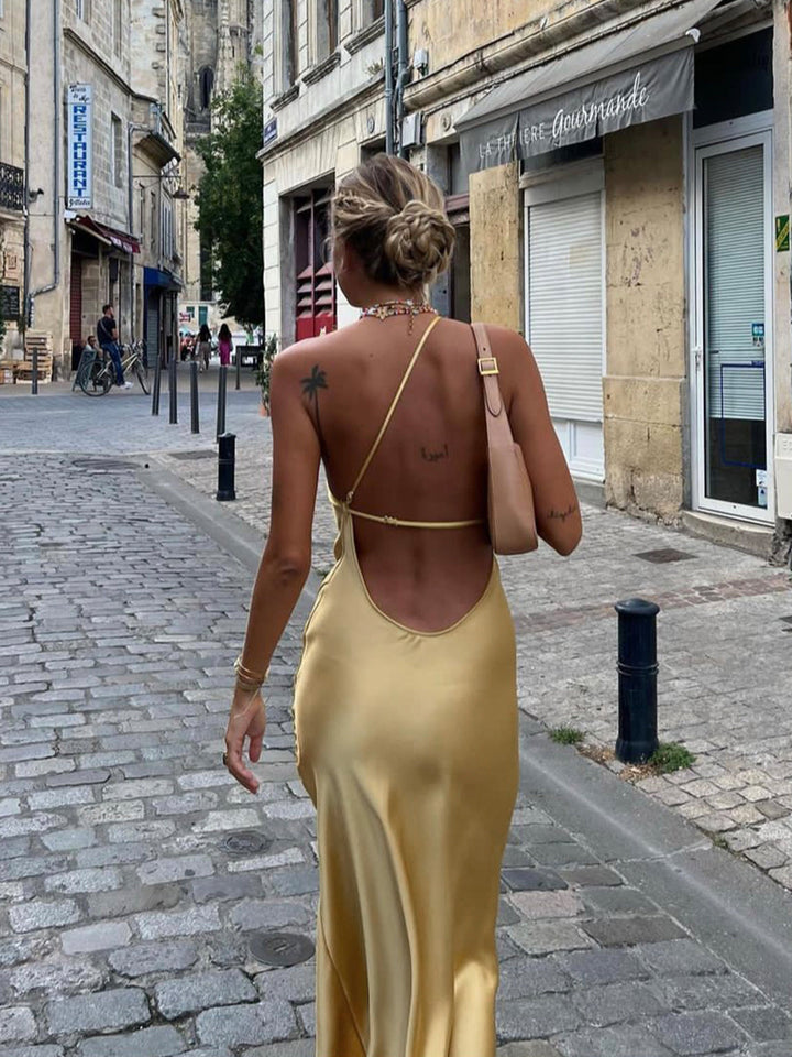Abito midi da donna a taglio asimmetrico, schiena scoperta, spallina sottile, spacco