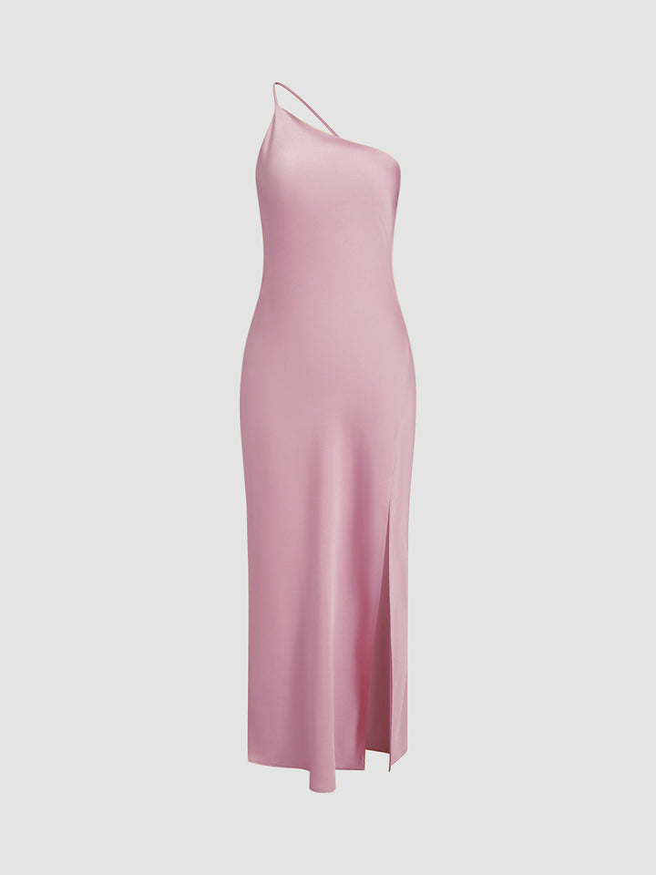 Abito midi da donna a taglio asimmetrico, schiena scoperta, spallina sottile, spacco
