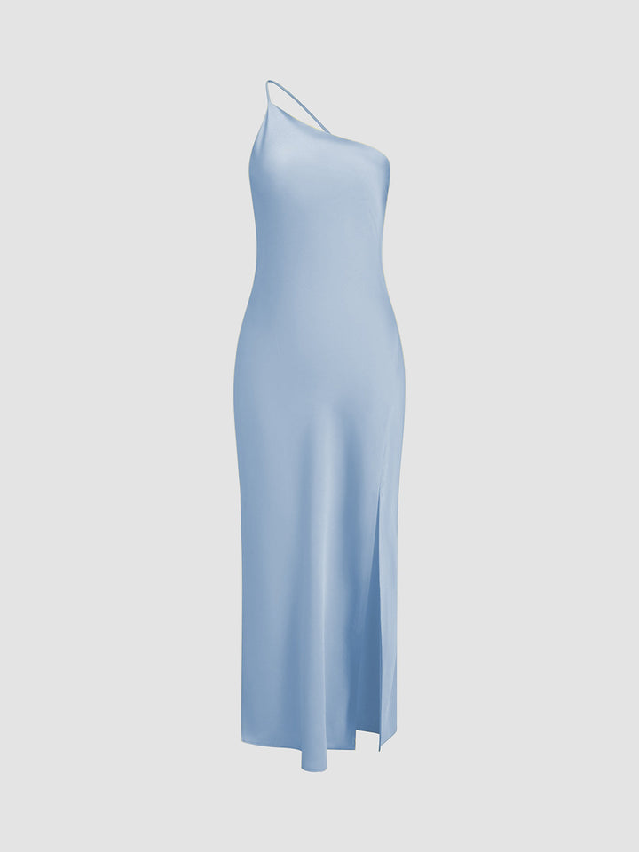 Abito midi da donna a taglio asimmetrico, schiena scoperta, spallina sottile, spacco