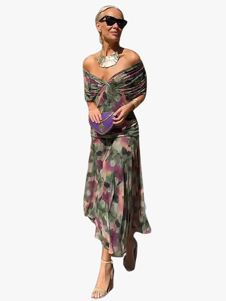 Vestito lungo da donna con scollo a V drappeggiato, maniche corte, vita arricciata, gonna fluida