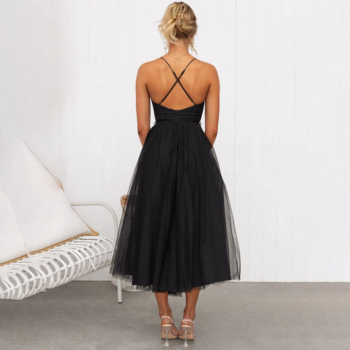 Abito midi donna spalline sottili vita effetto corsetto gonna in tulle bustier
