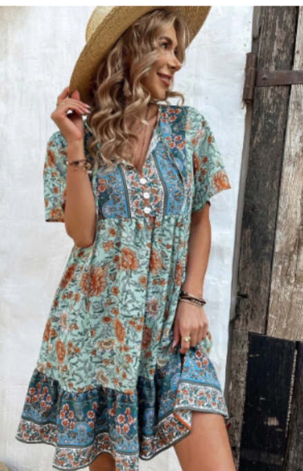 Vestito corto bohémien donna stampato floreale scollo a V maniche 3/4