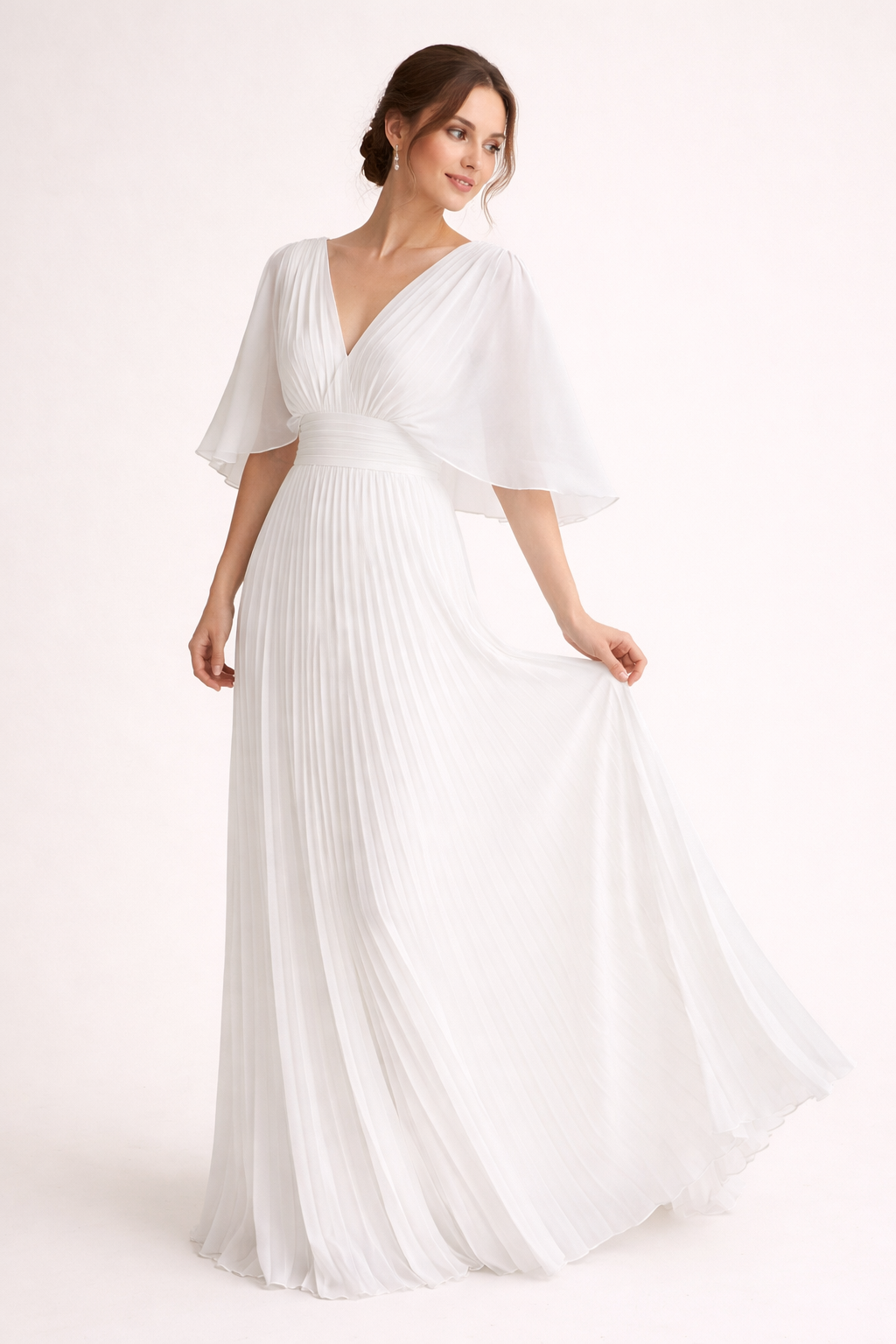 Vestito lungo da donna plissettato con scollatura a V, maniche ampie, vita segnata