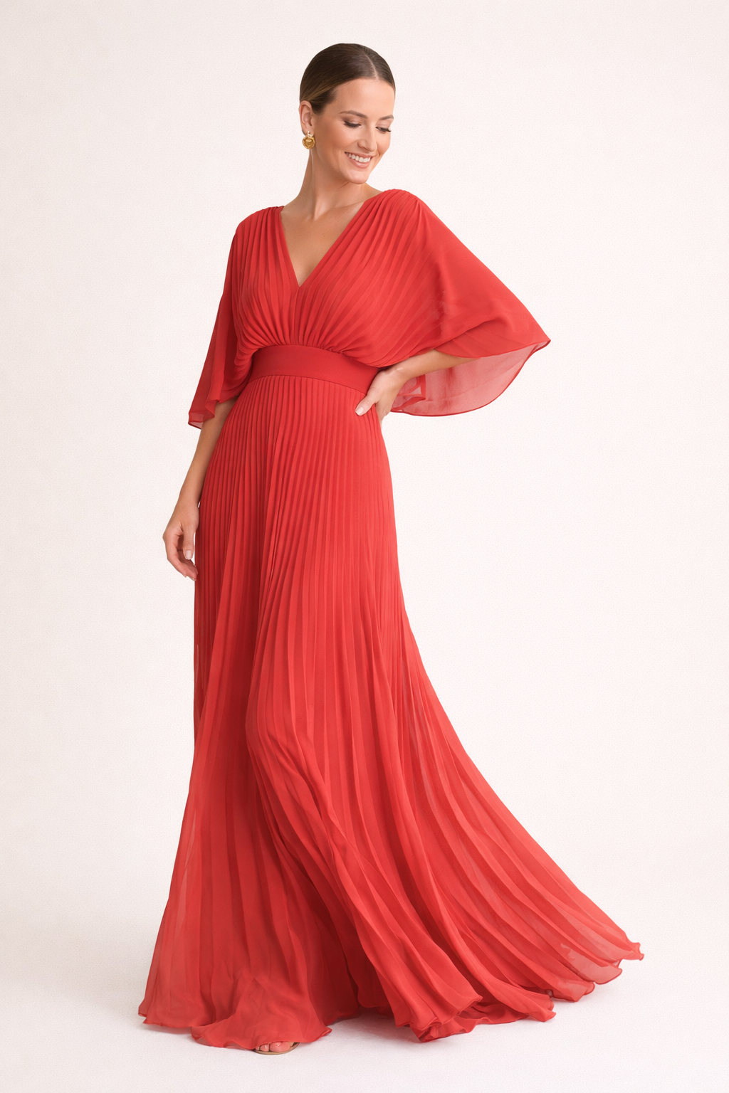 Vestito lungo da donna plissettato con scollatura a V, maniche ampie, vita segnata