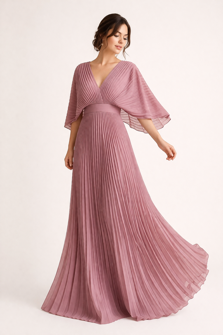 Vestito lungo da donna plissettato con scollatura a V, maniche ampie, vita segnata