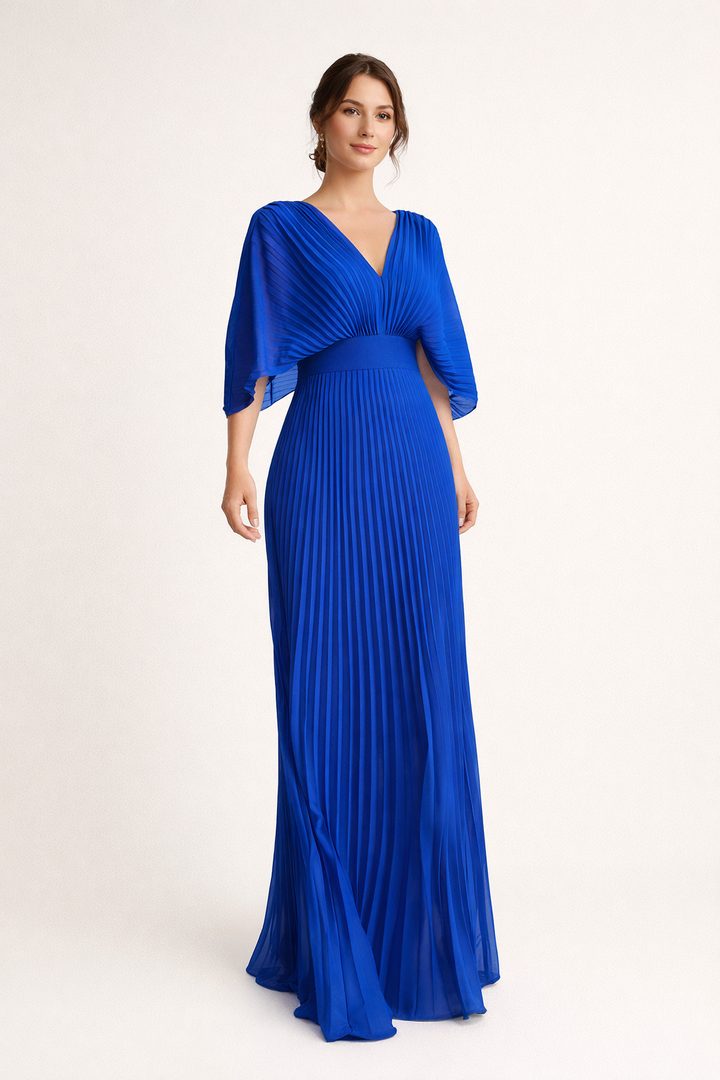 Vestito lungo da donna plissettato con scollatura a V, maniche ampie, vita segnata