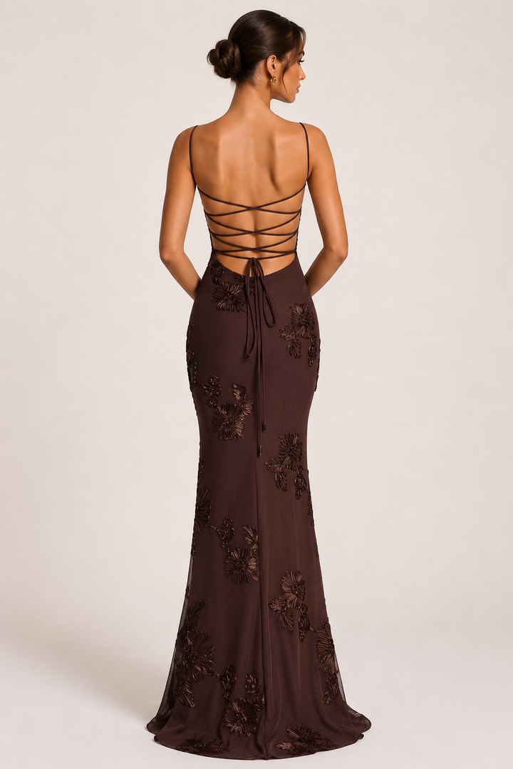 Vestito lungo da donna marrone, bustier con ricamo floreale, spalline sottili, schiena con lacci