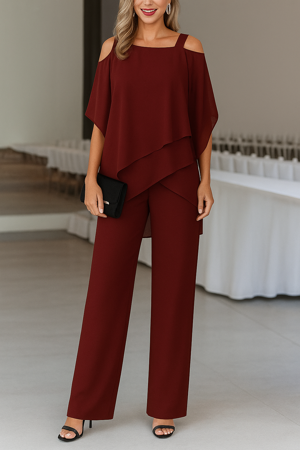 Tuta da donna con Spalle scoperte top a strati e pantaloni ampi
