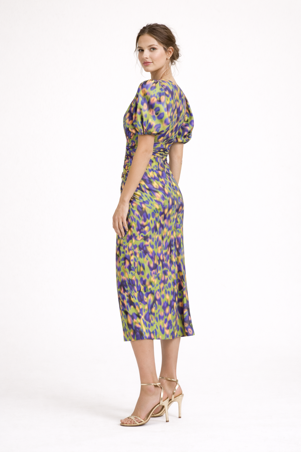 Abito midi donna multicolore stampato maniche a sbuffo scollo a V