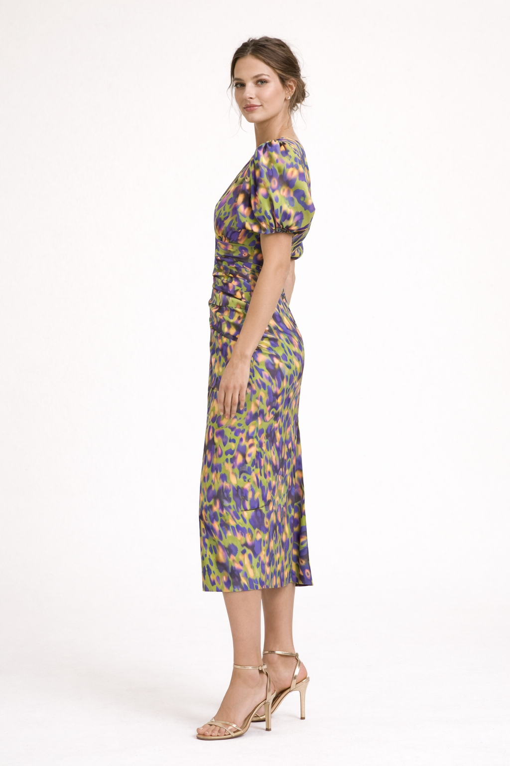 Abito midi donna multicolore stampato maniche a sbuffo scollo a V