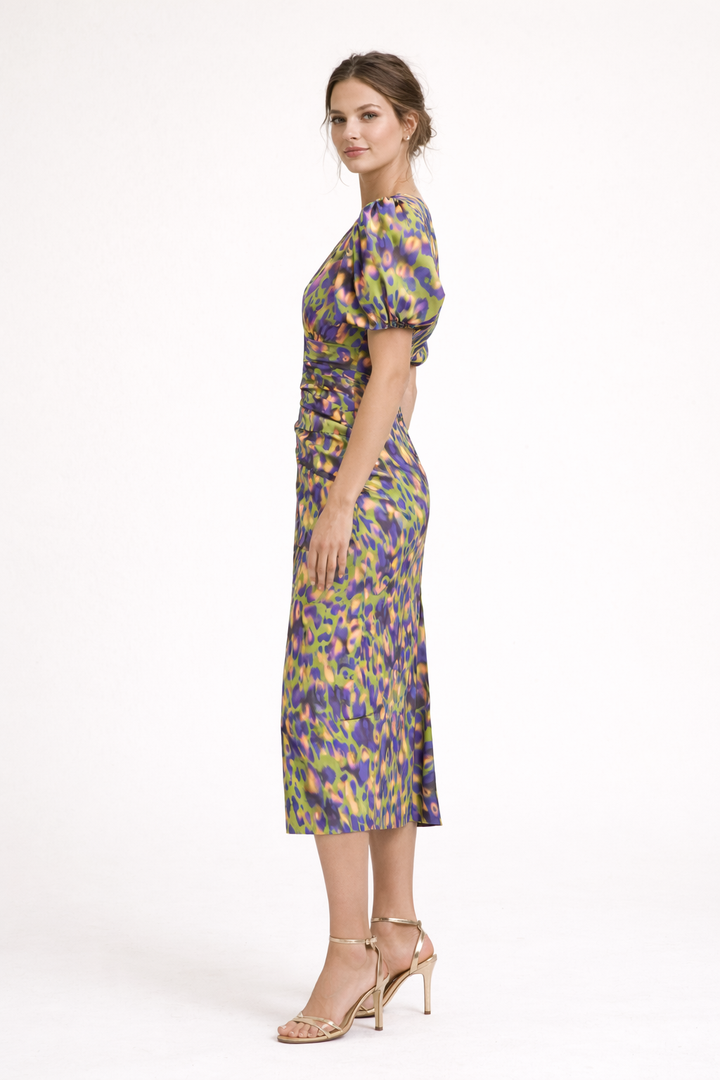 Abito midi donna multicolore stampato maniche a sbuffo scollo a V