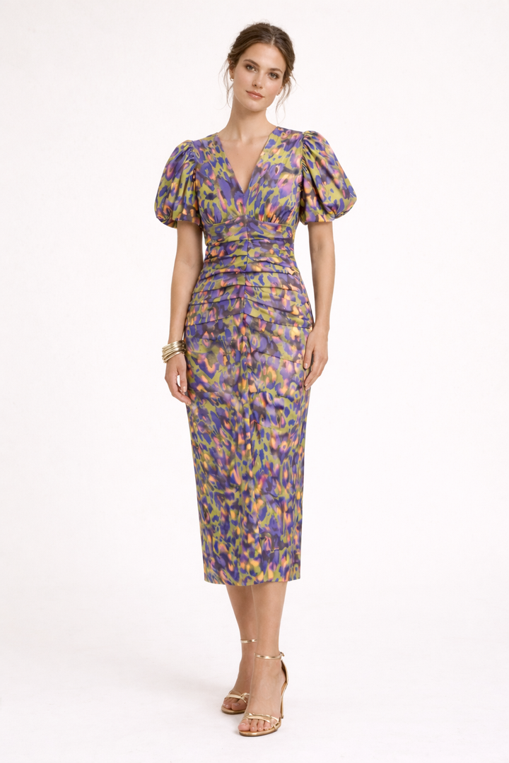 Abito midi donna multicolore stampato maniche a sbuffo scollo a V