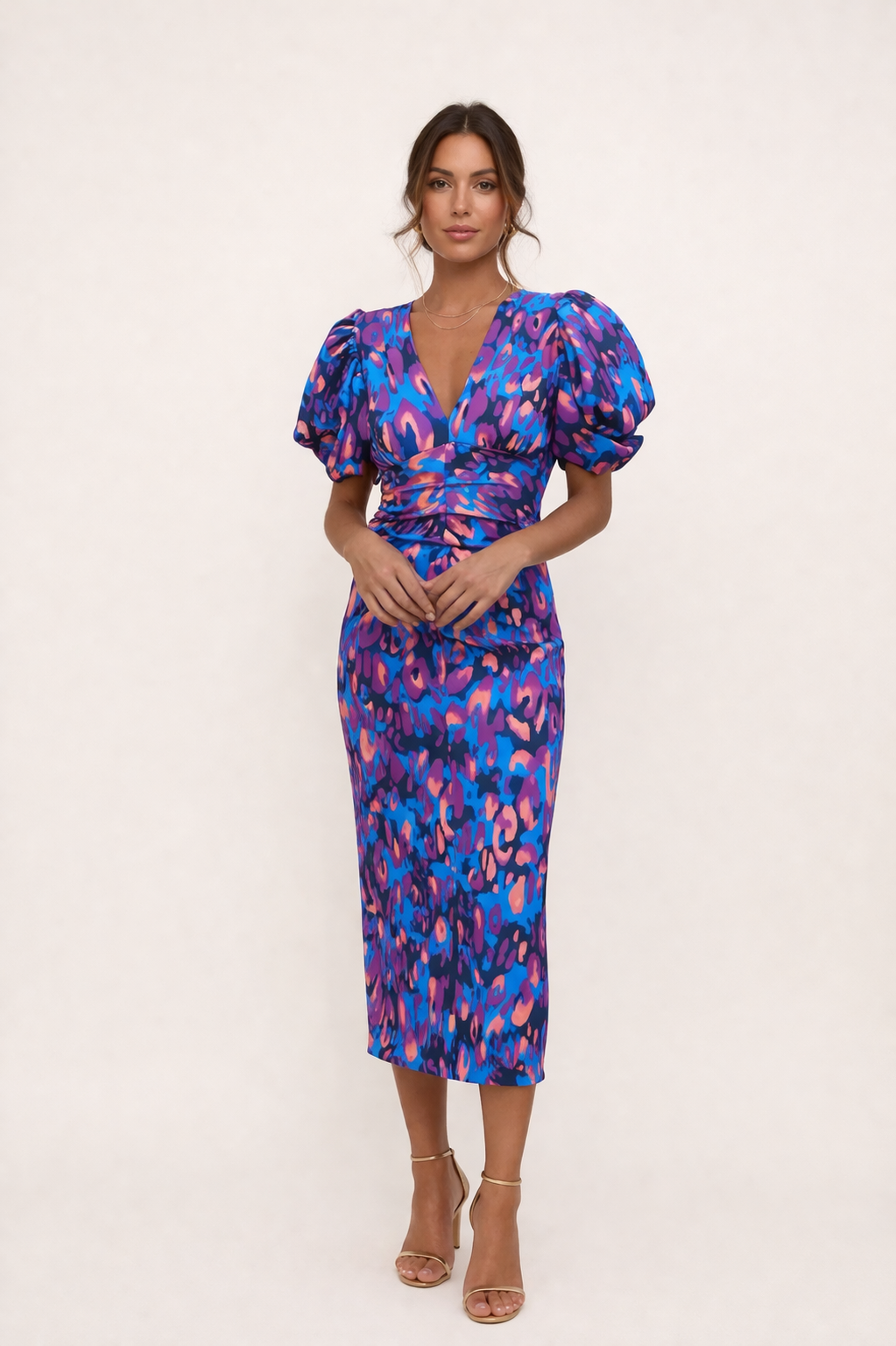 Abito midi donna multicolore stampato maniche a sbuffo scollo a V