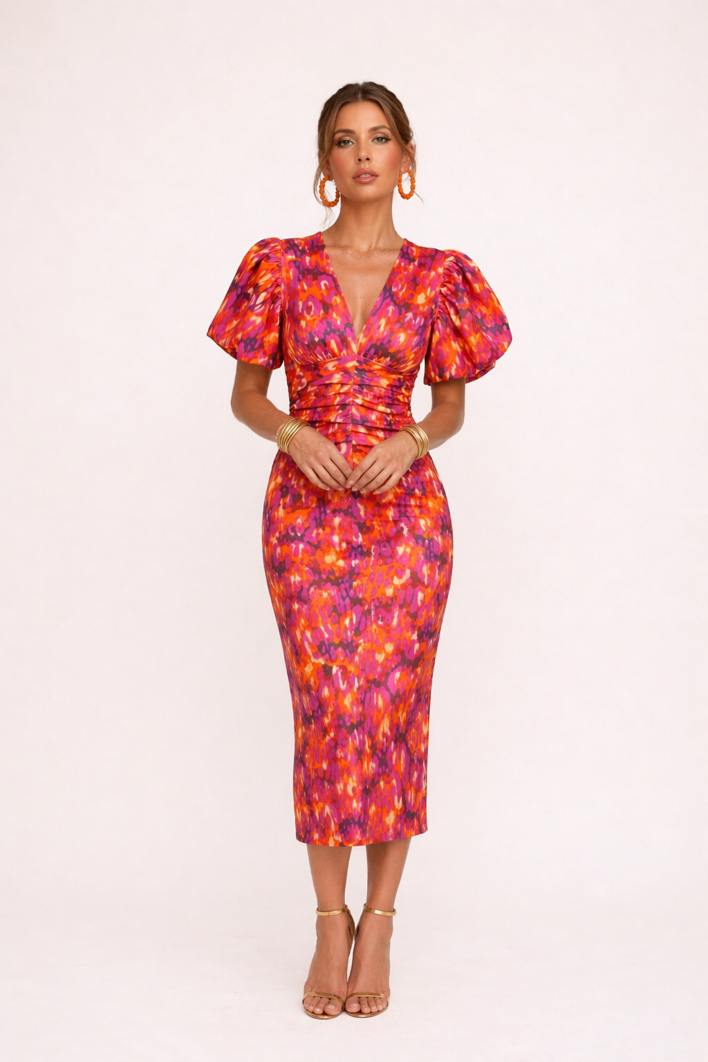 Abito midi donna multicolore stampato maniche a sbuffo scollo a V