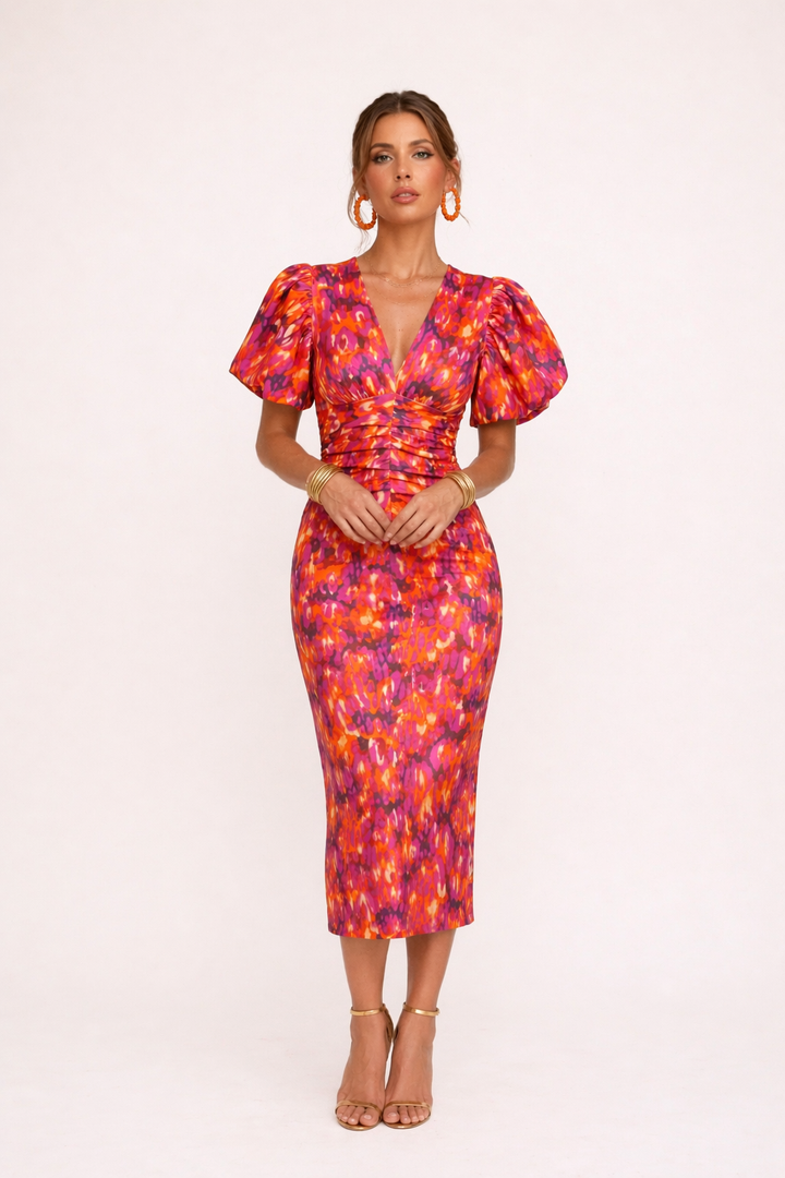 Abito midi donna multicolore stampato maniche a sbuffo scollo a V
