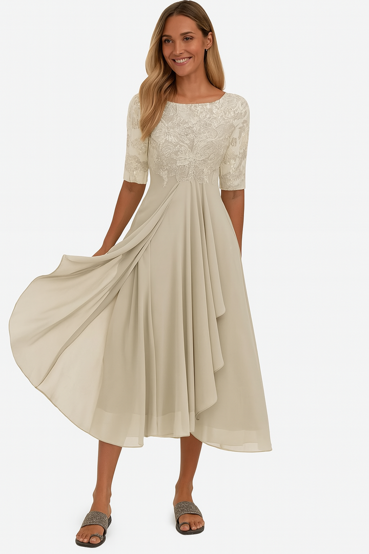 Abito midi da donna in pizzo, linea ad A, maniche corte, gonna fluida asimmetrica