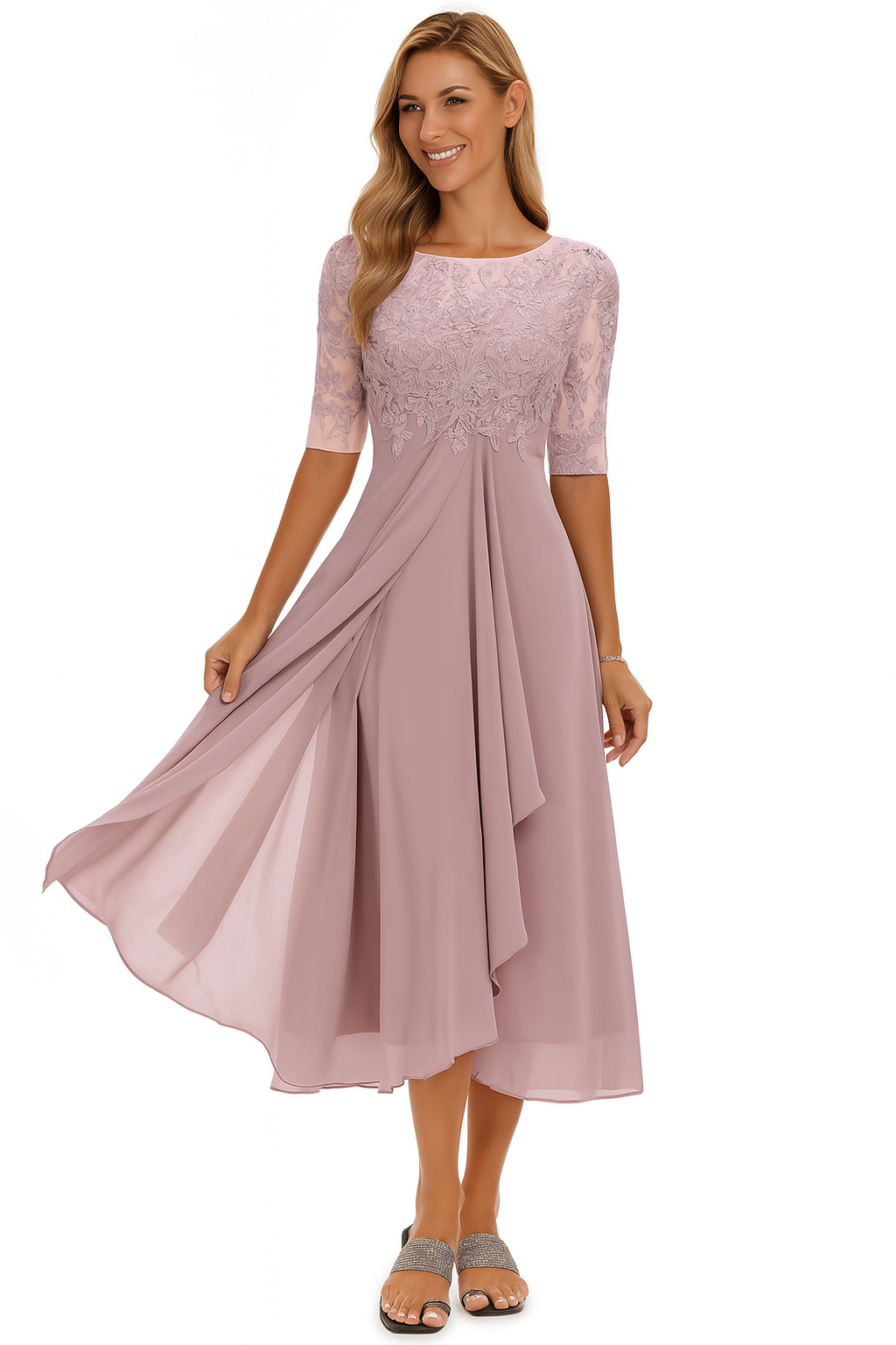 Abito midi da donna in pizzo, linea ad A, maniche corte, gonna fluida asimmetrica
