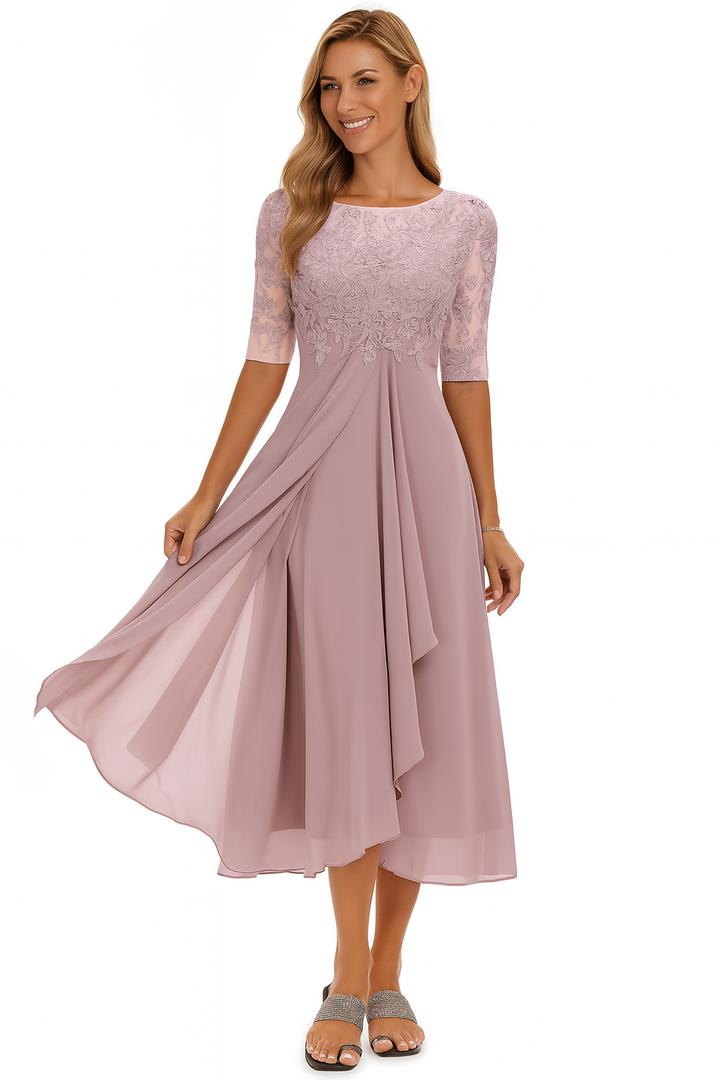 Abito midi da donna in pizzo, linea ad A, maniche corte, gonna fluida asimmetrica