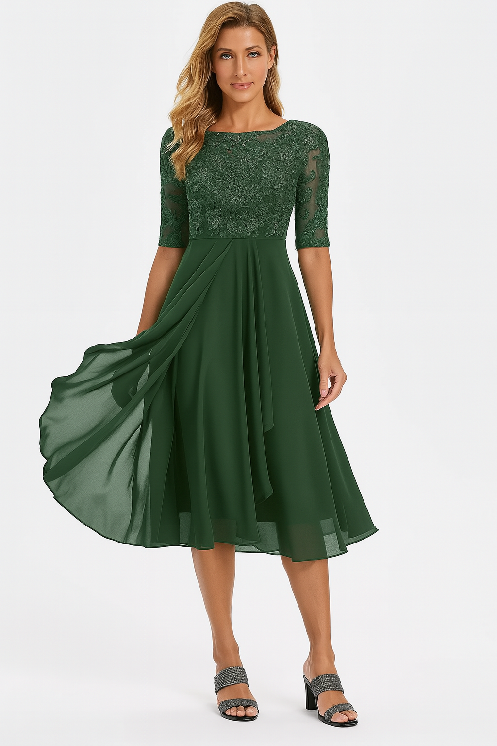 Abito midi da donna in pizzo, linea ad A, maniche corte, gonna fluida asimmetrica