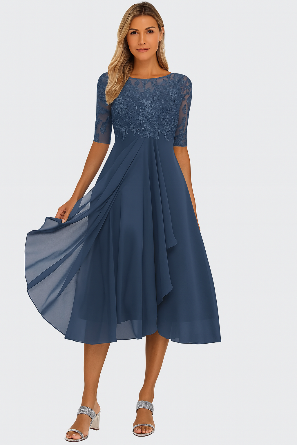 Abito midi da donna in pizzo, linea ad A, maniche corte, gonna fluida asimmetrica