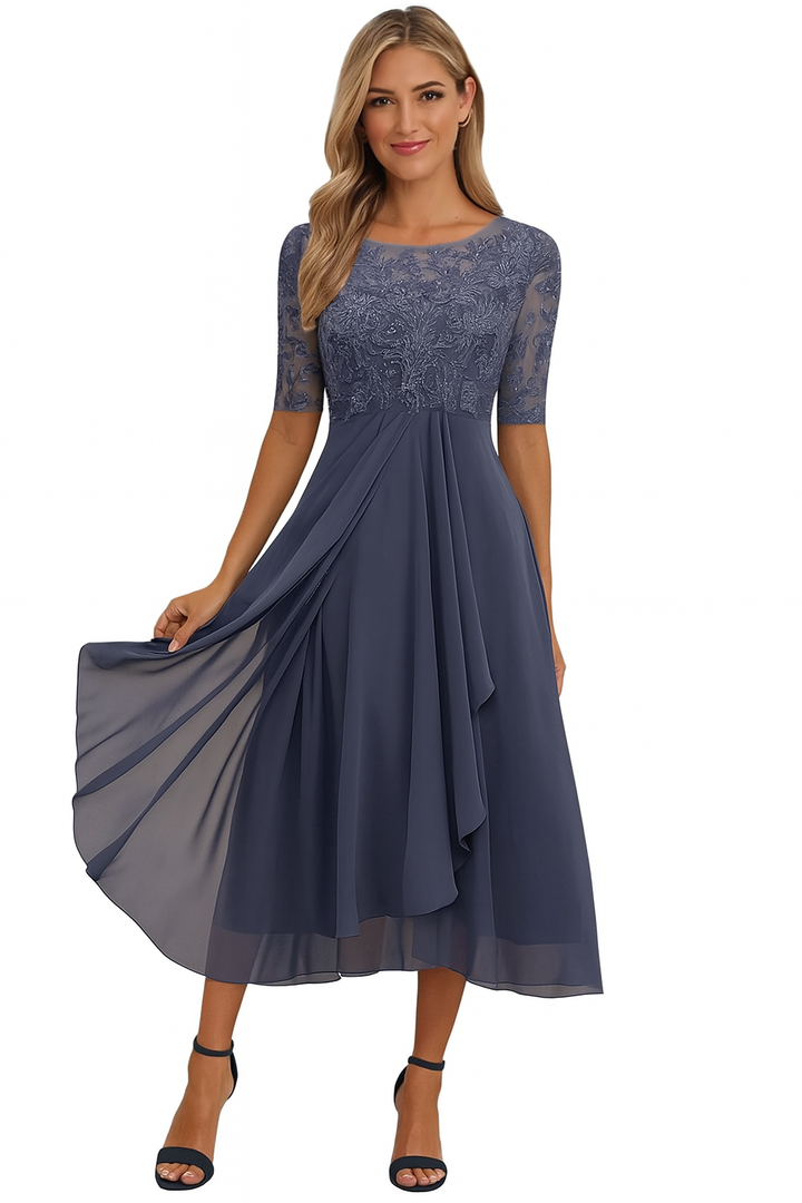 Abito midi da donna in pizzo, linea ad A, maniche corte, gonna fluida asimmetrica