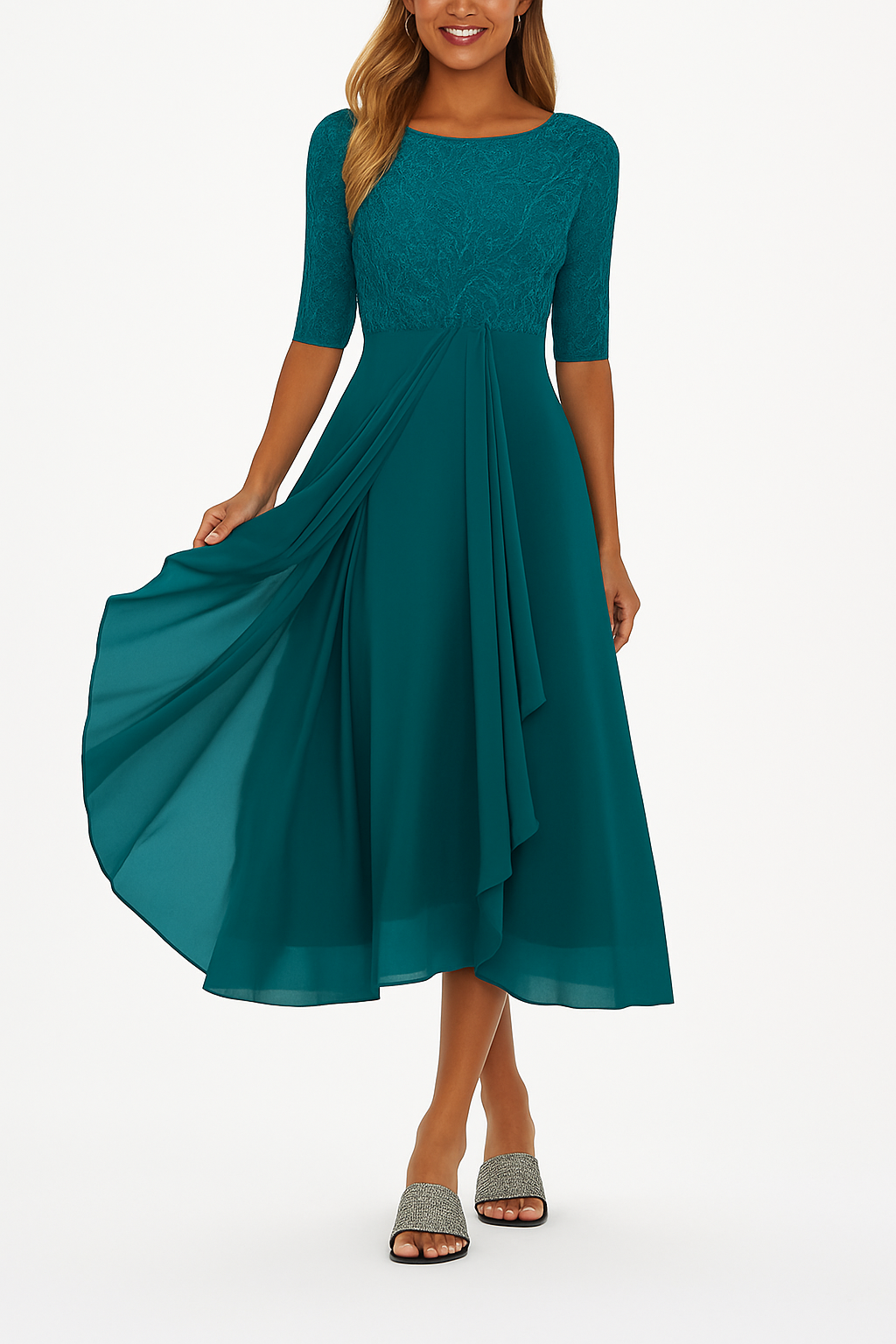 Abito midi da donna in pizzo, linea ad A, maniche corte, gonna fluida asimmetrica