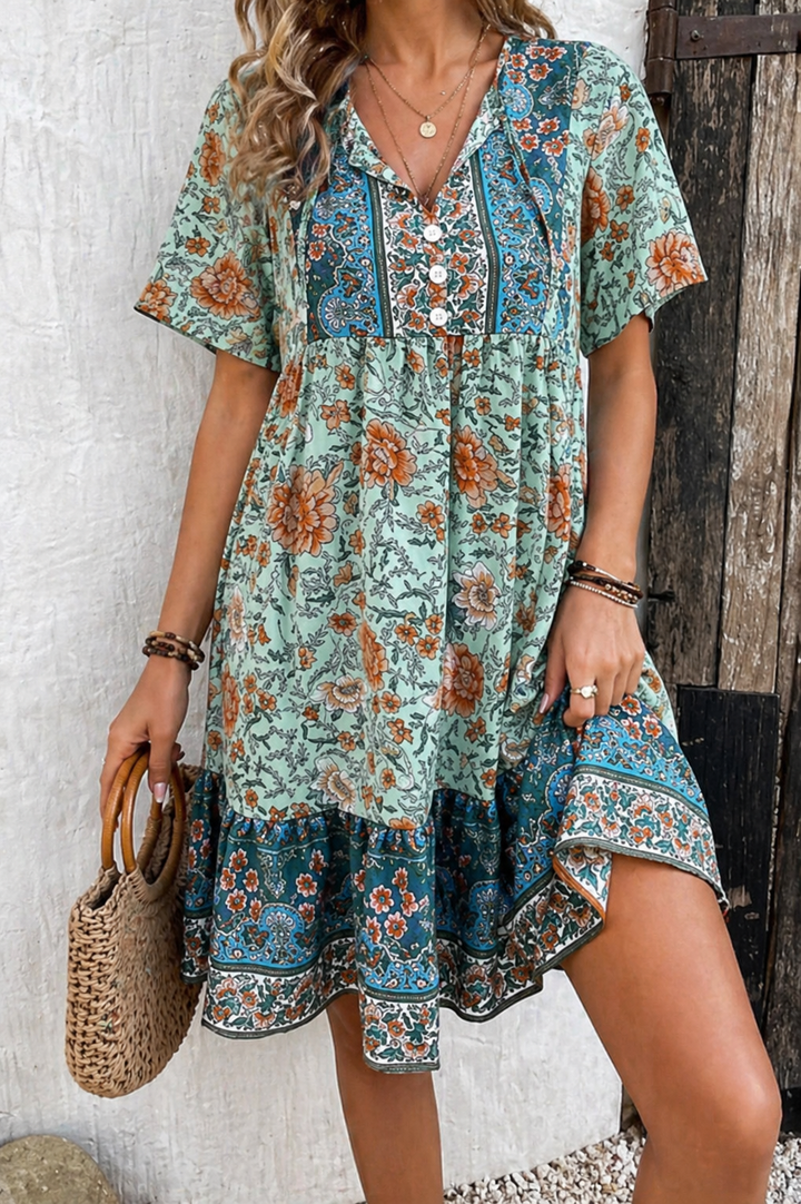 Vestito corto donna bohémien con stampa floreale e maniche lunghe