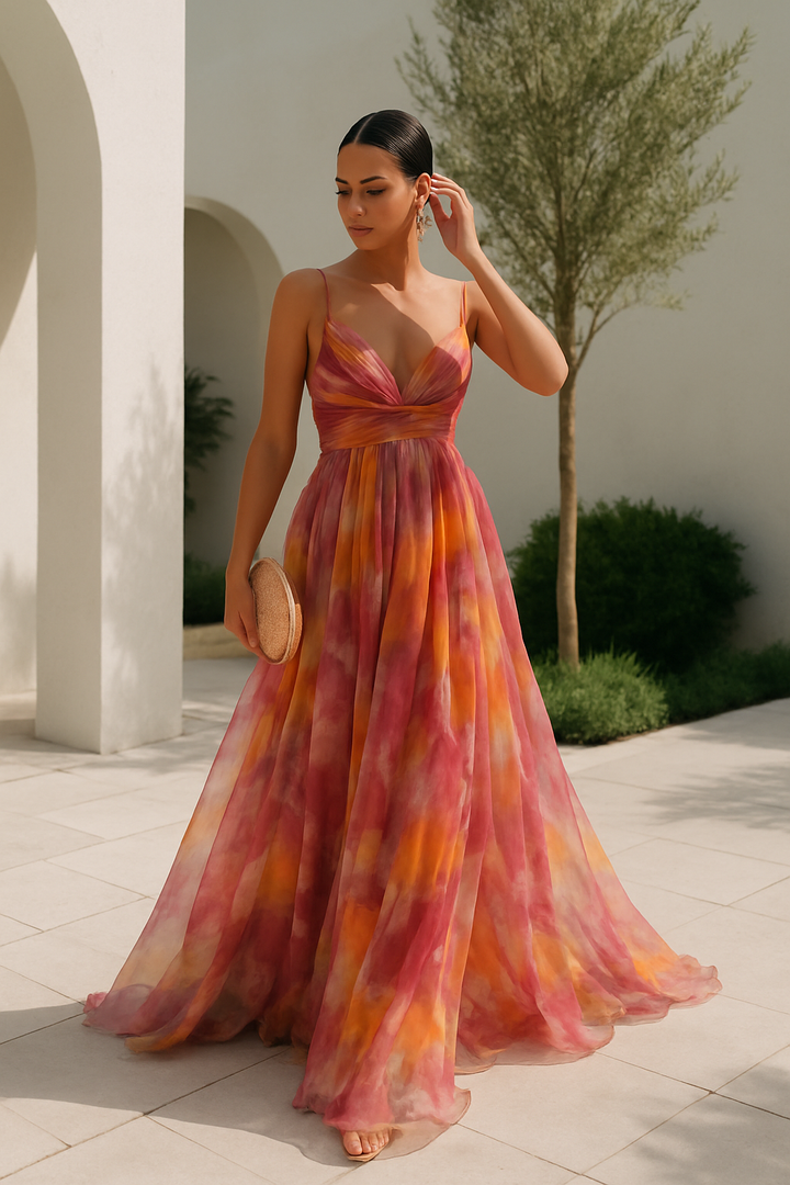 Vestito lungo da donna multicolore con bretelle sottili scollo a V fluido