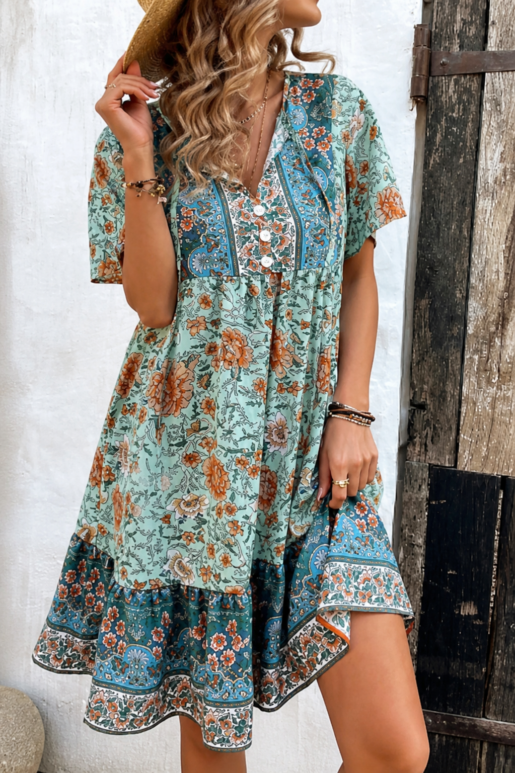 Vestito corto bohémien donna stampato floreale scollo a V maniche 3/4