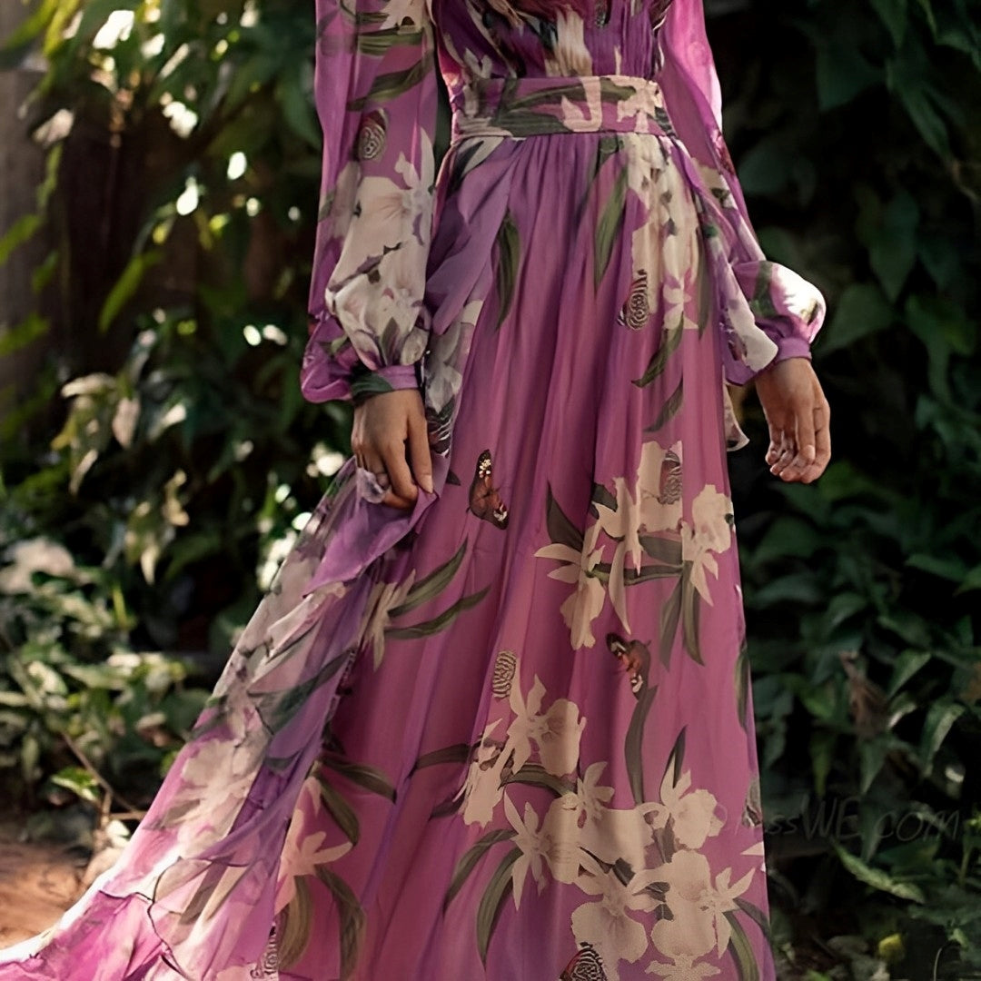 Vestito lungo da donna multicolore con scollo a V e maniche lunghe