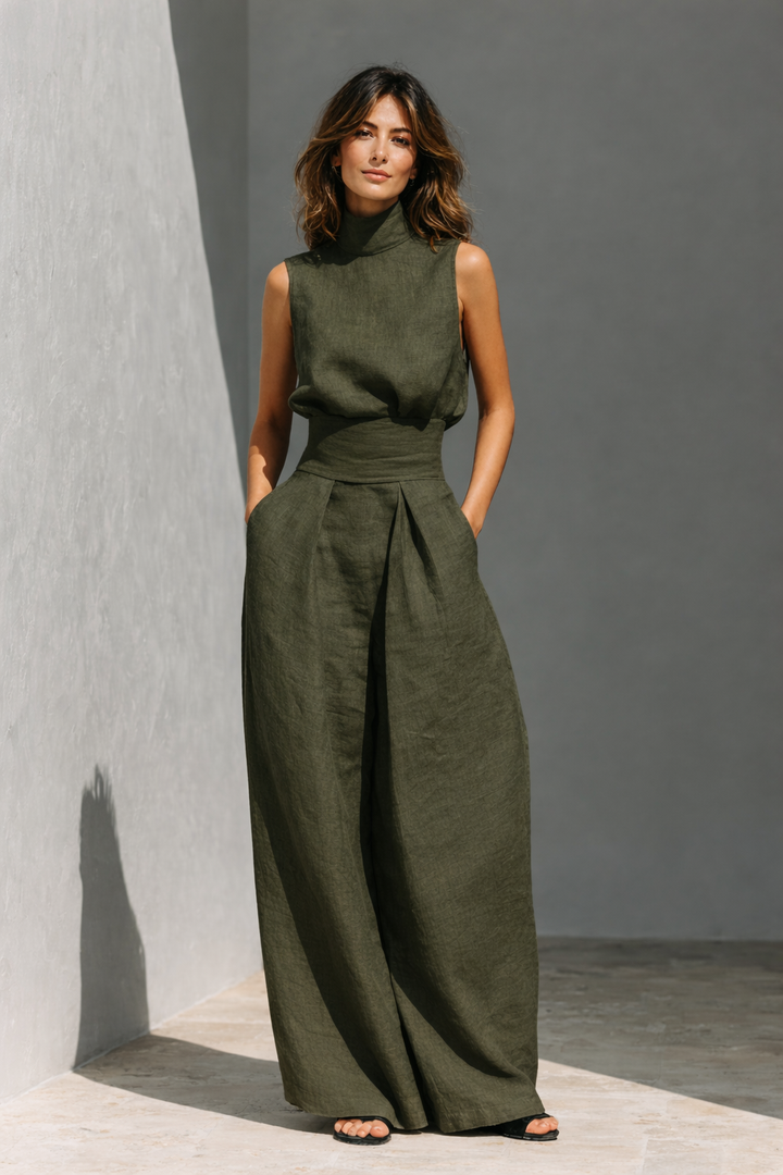 Completo donna collo alto senza maniche pantalone ampio vita con cintura