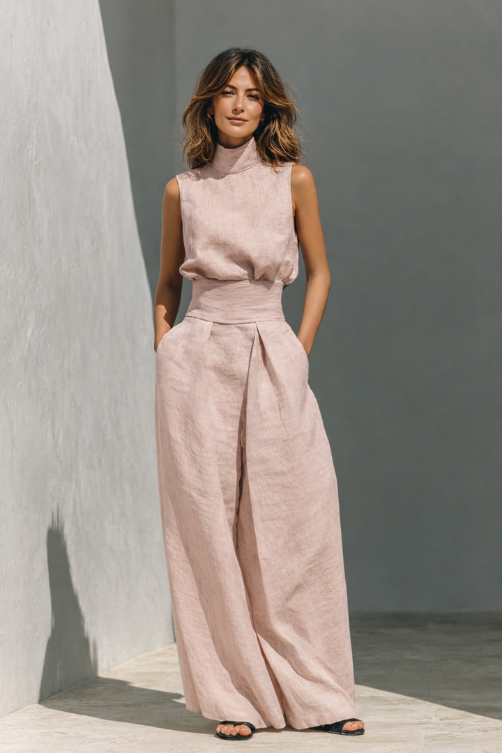 Completo donna collo alto senza maniche pantalone ampio vita con cintura