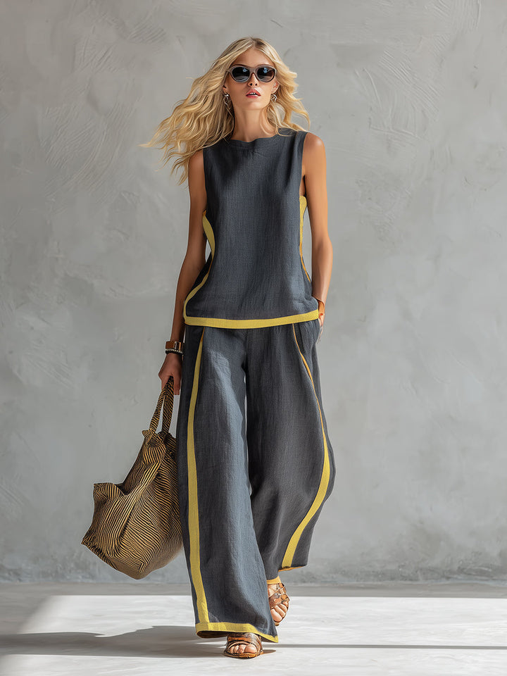 Tuta da donna con collo tondo, senza maniche, gambe larghe, multicolore