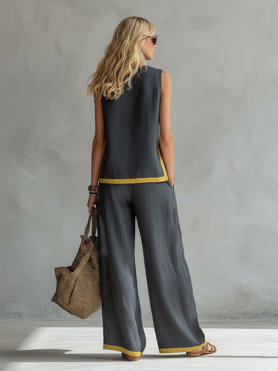 Tuta da donna con collo tondo, senza maniche, gambe larghe, multicolore