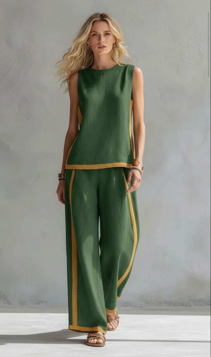 Tuta da donna con collo tondo, senza maniche, gambe larghe, multicolore