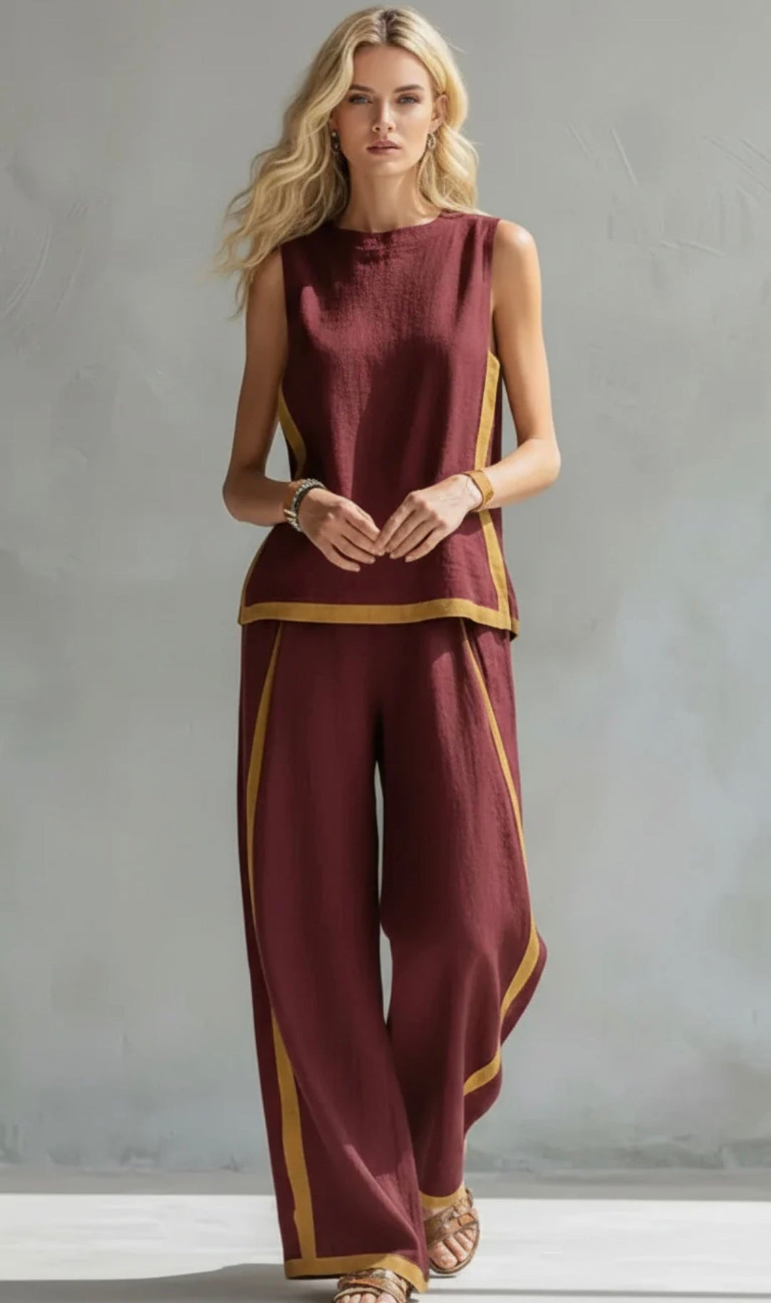 Tuta da donna con collo tondo, senza maniche, gambe larghe, multicolore