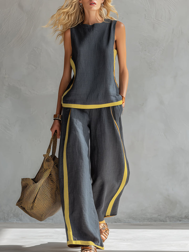 Tuta da donna con collo tondo, senza maniche, gambe larghe, multicolore