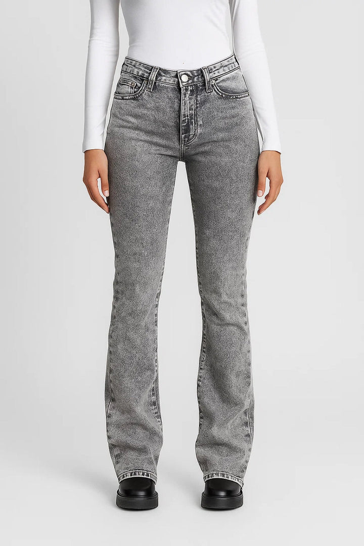 Quintina | Pantaloni Donna in Denim Scuro a Vita Alta e Gamba Svasata