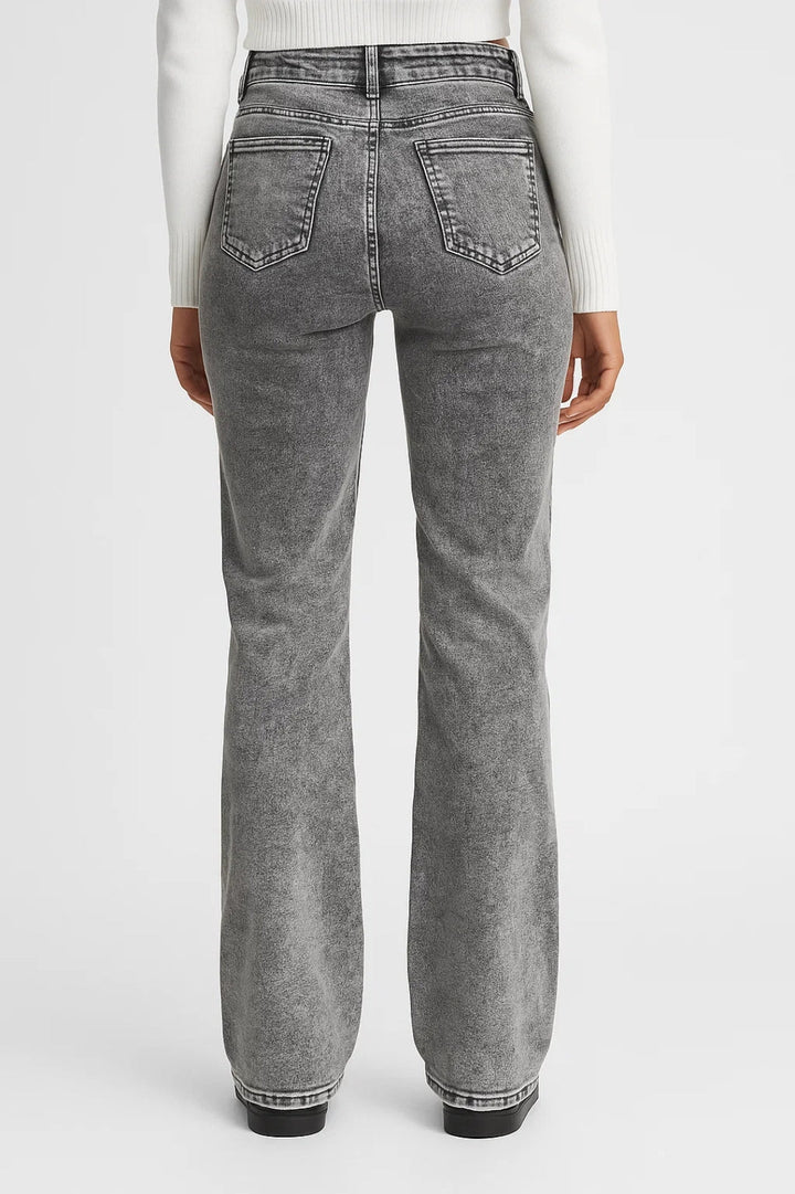 Quintina | Pantaloni Donna in Denim Scuro a Vita Alta e Gamba Svasata