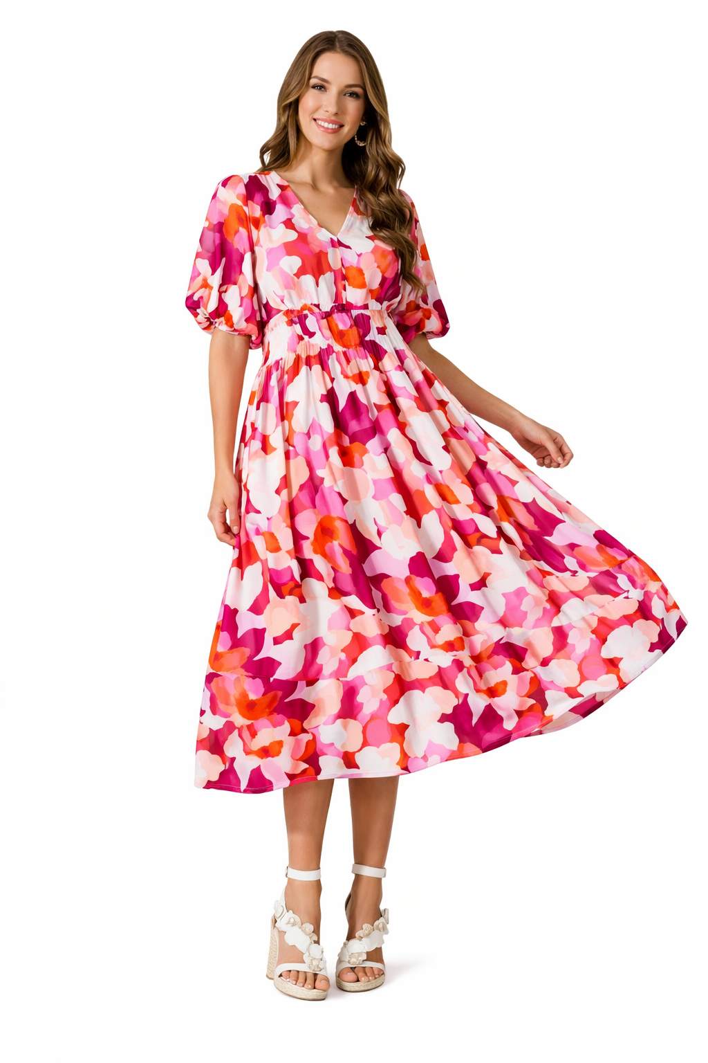Vestito lungo floreale maniche lunghe scollo a V matrimonio primaverile