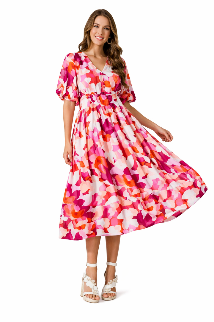 Vestito lungo floreale maniche lunghe scollo a V matrimonio primaverile
