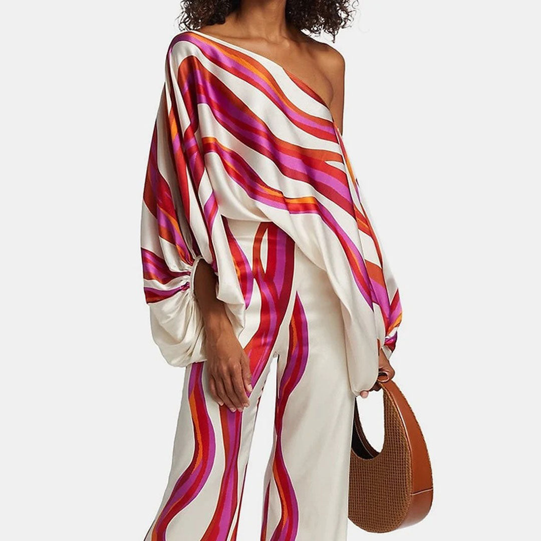 Completo da donna a taglio fluido con stampa ondulata multicolore pantaloni ampi