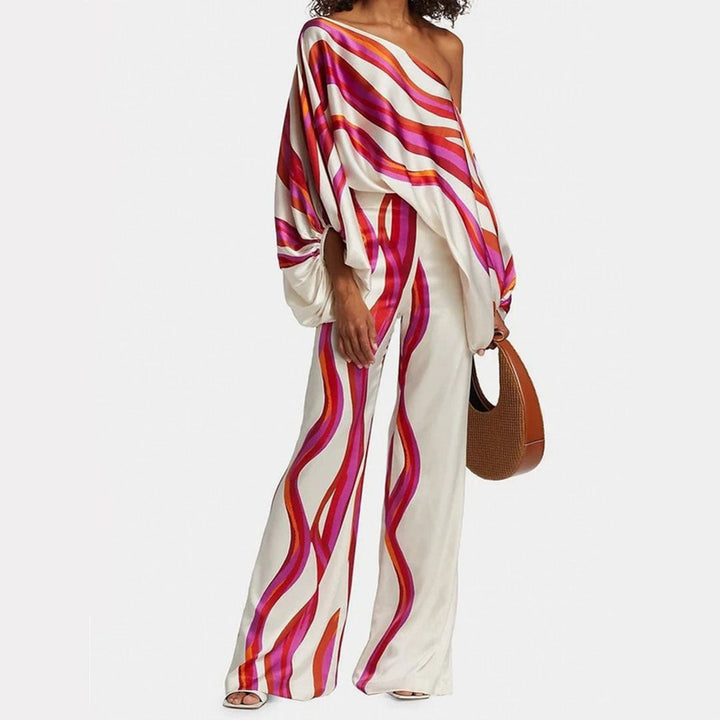 Completo da donna a taglio fluido con stampa ondulata multicolore pantaloni ampi