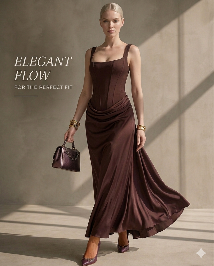 Vestito lungo da donna con scollo quadrato, vita drappeggiata, corpino strutturato