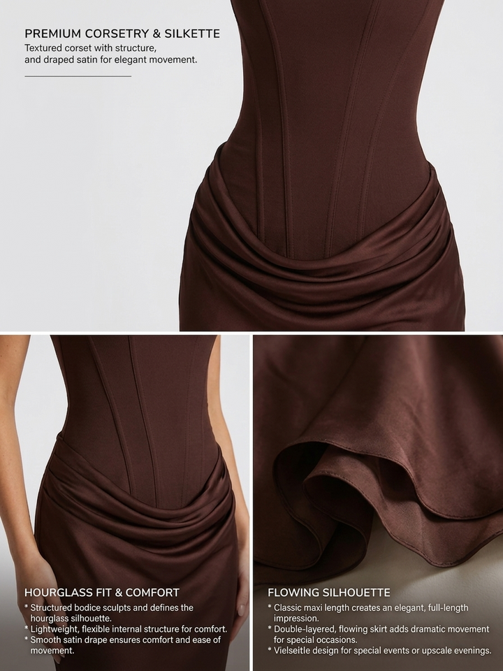 Vestito lungo da donna con scollo quadrato, vita drappeggiata, corpino strutturato