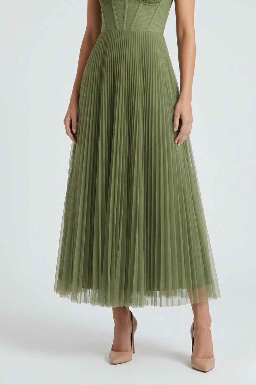 Abito midi donna bustier spalline sottili gonna plissettata in tulle