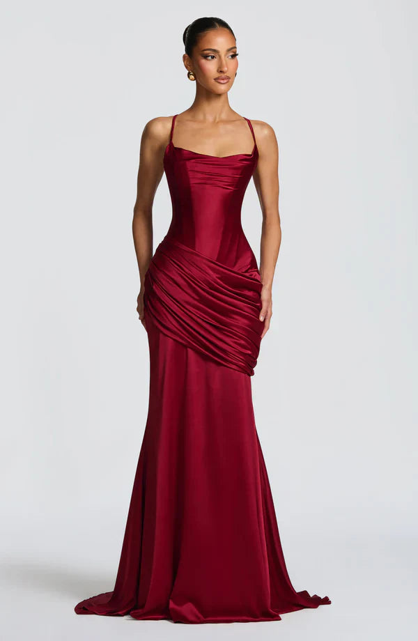 Vestito lungo da donna con scollo a cuore, bustier, schiena con allacciatura, gonna drappeggiata, spalline sottili