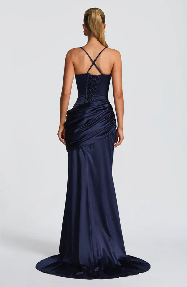 Vestito lungo da donna con scollo a cuore, bustier, schiena con allacciatura, gonna drappeggiata, spalline sottili